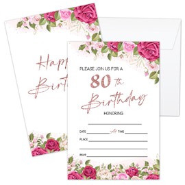 Zyoge 80th Birthday Invitations, 80 Years Old 20 Set Double-Sided Blank Invites Cards & Envelopes For Women Men Adults, Floral Birthday Party Favor Supplies -card22