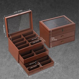 AUTOARK Leather & Velvet Clear Lid 24 Piece Eyeglasses Storage and Sunglass Glasses Display Drawer Lockable Case Organizer,Coffee,MKAW045