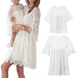 Loalirando Mother Daughter Equivalent Elegant Ceremony Dress Lace Plain Long Sleeve Mother Daughter Birthday Party S-XL 0-5 Years, a-white-daughter