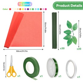 Luckwaii 15 Colours Crepe Paper Colourful Florist Crepe 50 x 100 cm Crepe Paper with 50 Wire Green Crepe Tape Thin Wire Double Sided Tape Scissors Artificial Leaves for DIY Flower Paper Crafts