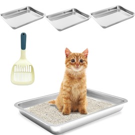 BNOSDM 4 Pcs Stainless Steel Litter Pan Low Entry Cat Litter Box Shallow Metal Litter Tray, Nonstick Open Top Cat Box for Kitten, Rabbits and Small Animals (17.7x13.8x1.9 Inch)