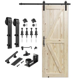 SMARTSTANDARD 30in x 84in Sliding Barn Door with 5ft Barn Door Hardware Kit Included, Unfinished Solid Spruce Wood Door, Assembly Required, DIY, Stainable, Natural