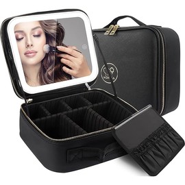 MOMIRA Travel Makeup Bag Cosmetic Bag Makeup Organizer Bag with Lighted Mirror, Adjustable Brightness in 3 Color Scenarios, Waterproof Makeup Train Case, Gift for Women - Black