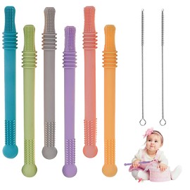 Baby Beißröhrchen, Silikon Baby Beißring Hohle Beißstrohhalme Säuglingsbeißspielzeug Kauen Molaren Sinnesspielzeug mit Reinigungsbürsten für Kleinkinder Mädchen Jungen (6er Pack)