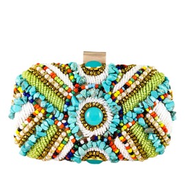Boutique De FGG Charm Women's Beaded Clutch with Colorful Stones Gold Evening Bag for Wedding Party Rhinestone Handbags