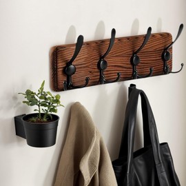 Lofierst Rustic Wall Mounted Clothes Rack, Solid Wood Plank Wall Coat Rack with 4 Hooks, Farm House Coat Hanger Wall Mount for Hanging Backpack Jacket Coat Hat