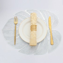 Evevda Silver Leaf Shaped Vinyl Placemats for Dinner Table Set of 6 Metallic Plastic Place Mats Wipeable 6Pcs Table Mats for Wedding Annersary Dinner Table Decoration Mats(17.7x13.8inch/45x35cm)