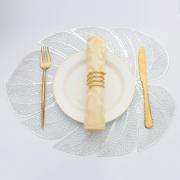 Evevda Silver Leaf Shaped Vinyl Placemats for Dinner Table Set