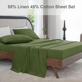 Talasily Linen Sheets King Linen Bed Sheet 4 Piece Breathable Cotton Bed Sheets, Linen Cotton Blend Sheets for All Seasons- Deep Pockets, Easy-Fit, (King, Green)