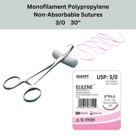 Elimedical ELILENE Suture Thread with Reverse Cutting Needle, 12 Pack. Surgical Wound Training Students, Practice and Educational Use. Polypropylene Non-Absorbable Material 3/0 30" FS1 Pink 8684PP