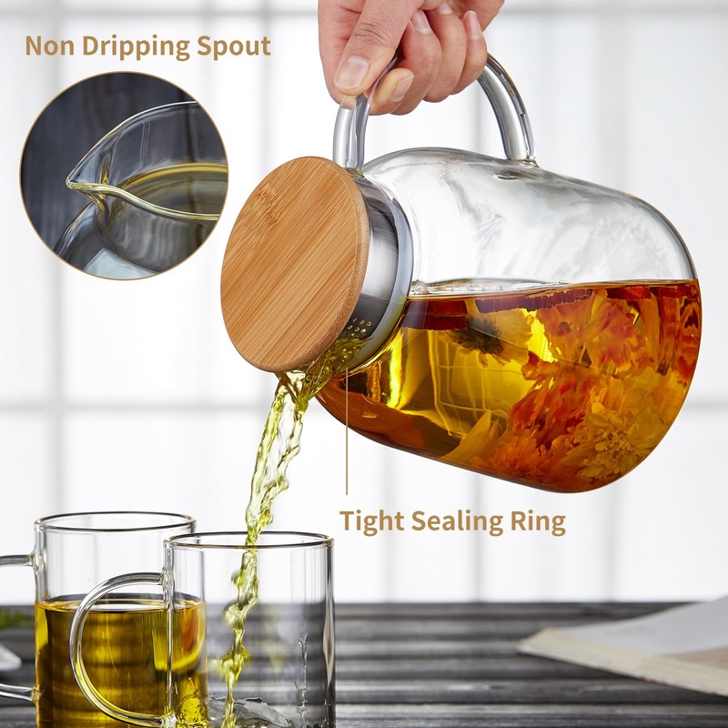 Large Glass Teapot with Infuser, Stovetop Safe, Thickened Heat Resistant