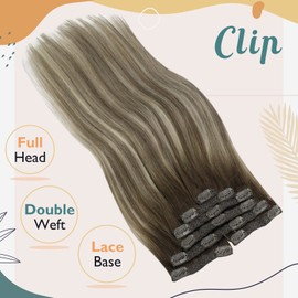 Sunny Balayage Clip in Hair Extensions Real Human Hair Brown Ombre Hair Extensions Clip ins Dark Brown Balayage Light Brown Mix Blonde Balayage Clip on Hair Extensions 20inch 7pcs 120g