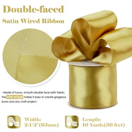 HUIHUANG Gold Satin Wired Ribbon 2.5 inch Gold Christmas Wire Ribbon for Wreaths, Garland, Bows, Gift Wrapping, Holiday Decorations, Home Decor, Christmas Tree, Crafts-Continous 10 Yards