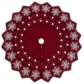 60-Inch Wavy Edged Reversible Knit Christmas Tree Skirt: Burgundy & White Snowflake Pattern with Lace Ties