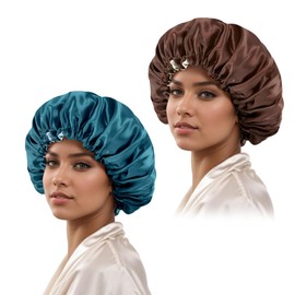 Satin Bonnet Silk Bonnet Hair Bonnet for Sleeping-Slouchy Beanie Hat Satin Sleep Cap for Women's Natural & Curly Hair(Blue Zircon&Brown)