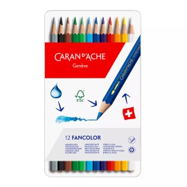 Caran d'Ache Fancolor 12 Water Soluble Colour Pencils Artist Sketching Tin Set