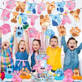 BOBORAT Blue Dog Birthday Decoration Set, Cartoon Animal Happy Birthday Banner, Party Supplies with Banner, Hanging Swirl, Honeycomb