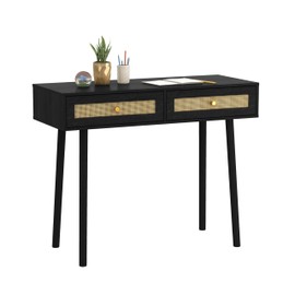 Loft & Luv Remy Boho Mid-Century Console Entryway Table with Natural Rattan with Storage Drawer and Open Shelf, Ebony Finish