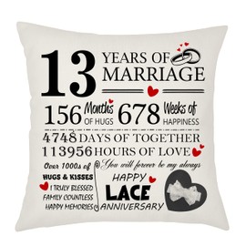 13th Wedding Anniversary Lace Anniversary Cushion Cover - Gift for Wife or Husband - 13 Years of Marriage Keepsake Present - Elegant 45x45cm Pillow Case (13 Years of Marriage)