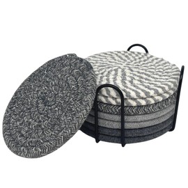 SOVIFKI コースター 吸水 スタンド付き 耐熱 コースター 布 8枚セット 直径11cm 厚手 丸型 手編み コーヒーポットマット 洗える (グレー)