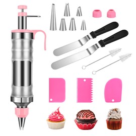 Icing Decoration Gun Set, Stainless Steel Dessert Decorating Syringe Set, Cupcake Frosting Filling Injector with 6 Icing Nozzles, 3 Cream Scraper, 2 Offset Spatula, 2 Nozzle Brush for Kitchen Baking