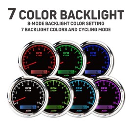 RACETECH 7 Color LED Black Dial 85mm 3-3/8" Electrical Tachometer 10000 RPM Stainless Steel Rim HOURMETER Waterproof 12V 24V for Car Truck Marine Boat Yacht Motorcycle
