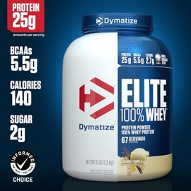 Dymatize Elite 100% Whey Protein Powder, Vanilla, 25g of Protein, 5.5g BCAAs, Less Than 140 Cal., Gluten Free, 2g Carb, 2g Sugar, 3g Fat (67 Servings)