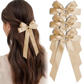 Hair Bows for Women, 3 PCS Khaki Hair Tie Bows, Silk Satin Ribbon Hair Bow Hair Clip, Metal Hair Clip Accessories, Long Tail Ponytail Bow Hair Accessory Suitable for Women and Girls