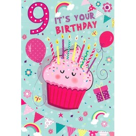 Age 9 Girl Birthday Card - 9th Birthday Pink Cupcake and Candles 7.75x5.25"