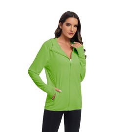 Malarocoby Women's Sun Protection Jacket UPF 50+ Full Zipper Long Sleeve UV Hoodie Shirts Outdoor Athletic Jacket with Pocket Bright Green