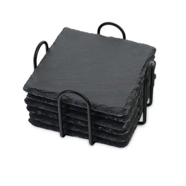 QYINXIU 6 Pack Square Slate Coaster, Black Stone Coasters, Handmade Coasters Set, 4 Inch Black Stone Coasters Bulk Cup Coaster Set for Bar Kitchen