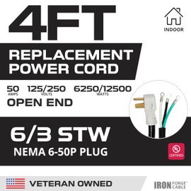 Iron Forge Cable NEMA 6-50 EV Extension Cord 4 ft with Open End, 50 Amp Power Cord with Eyelet 3 Wire 6/3 Gauge Replacement Cord - STW 250V for Level 2 EV Charger & Welder UL Certified