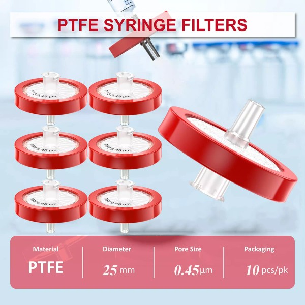 Simpure Syringe Filter 0.45μm 25mm,200x Hydrophobic PTFE Membrane No-Sterile,Red