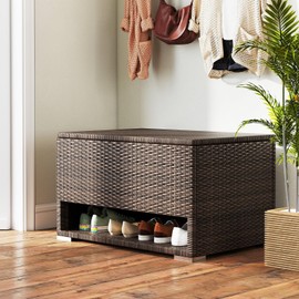 Tangkula 48 Gallon Rattan Outdoor Storage Box with Shoe Rack, Outdoor Storage Bin with Protective Liner, PE Wicker Deck Box for Patio Cushion Furniture, Pool Supplies and Garden Tools (48 Gallon)