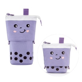 Taicols Cute Milktea Pen Pencil Telescopic Holder Stationery Case, Stand-up Transformer Bag with Smile Face Dot Organizer, Great for Cosmetics Pouch Makeup Bag, Kawaii Stationary