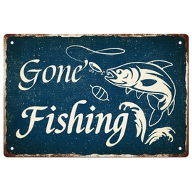 SUPERDANT Fishing Metal Signs Gone Fishing Tin Signs Fish Hooks Bait Blue White Metal Tin Sign Funny Signs Fish Vintage Wall Art Man Cave Sign for Fish Tank Garage Farmhouse Home Fence Retro Decor