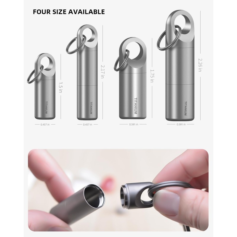 Tikey Titanium EDC Pill Container, Waterproof Keychain Capsule, Pocket Purse