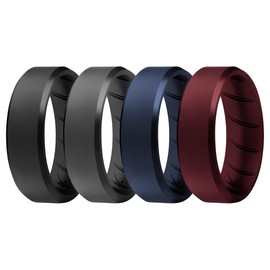 ROQ Men's Silicone Rings, 4-Pack Beveled Edge (Black, Grey, Blue, Bordeaux, Size 16) - Mens Silicone Wedding Band & Rubber Engagement Ring for Men - Breathable Comfort Fit Silicone Rings for Him