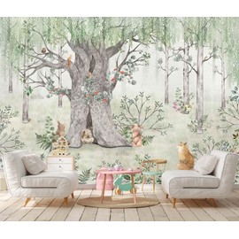 Green Forest Wallpaper Fox Pine Mouse Big Tree Mural for Children's Room Living Room Bedroom (Not Self-Adhesive)