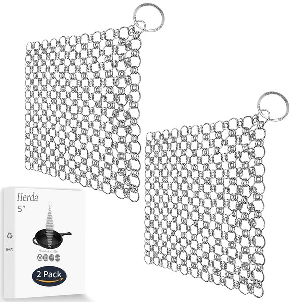 2Pack Cast Iron Cleaner Chain Mail Scrubber, 5x5 Skillet Scrub Brush for Pre-Seasoned Pan Pot, Stainless Steel Chain Link Cleaning Clean Metal Dutch Ovens Waffle Grills & Griddle Pan Easily, by Herda