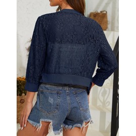 Tanou 2024 Women's Sheer Floral Lace Shrug Cardigans Sweaters Cropped Lightweight 3/4 Sleeves Bolero Shawl Navy Blue L