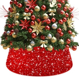 FUHSY Red Christmas Tree Collar Glitter Large Xmas Tree Skirt 28.8 Inch Shimmer Sequin Velvet Tree Ring Embroidery Tree Collars Christmas Tree Skirts Xmas Tree Stand Cover for Holiday Feast Decor