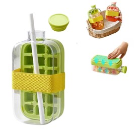 Ice Cube Bottle with Straw,2 in 1 Water Bottle Ice Cube Tray with Lid, 800ml Ice Cube Making Bottle Ice Making Freezer Coffee Juice Beverages Rope (A)