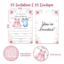 4" X 6" Baby Shower Invitation - He Or She - Gender Reveal Party, 20 Cards And 20 Envelopes, Double-Sided Fillable, Suitable For Gender Reveal Parties, Baby Shower Parties, Etc. (20 Pcs) - A01