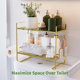 Clirass 2-Tier Over Toilet Storage Shelf, Bathroom Organizers, with 2 Hooks & 1 Paper Holder (Gold)