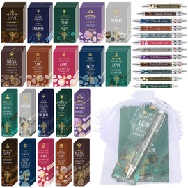 Yeaqee 200 Pcs Christian Gifts Set Include 50 Bible Verses Bookmarks Book Markers 50 Ballpoint Pens 50 Bible Notebooks 50 Organza Bags Colorful CNA Week Gifts Bulk for Church Women