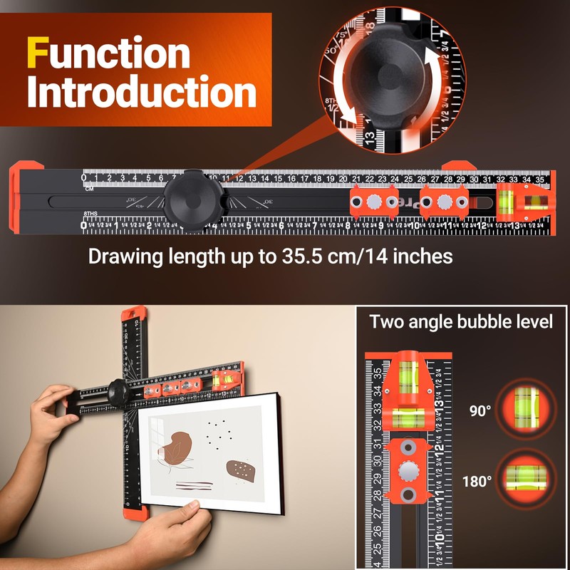 Preciva 4-in-1 Adjustable T Square Ruler - 14"/35cm Multifunctional Drilling