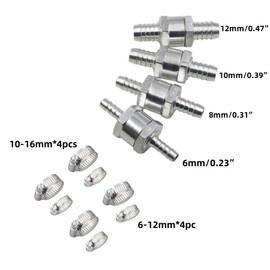 4 Pcs Fuel Non-Return One Way Aluminium Check Valve Diesel Fuel Oil for Petrol Water Marine Alloy Chrome Car Auto Carburettor 6mm 8mm 10mm 12mm with 8 Hose Clamp