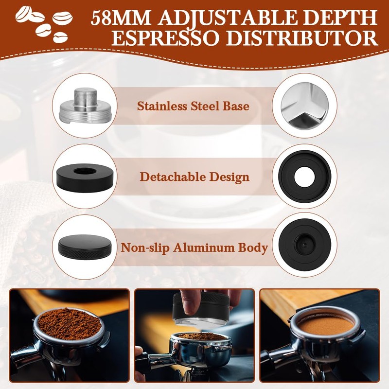 Adjustable Depth Espresso Tamper Set: 58mm Spring Loaded Espresso Distributor