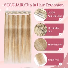 SEGOHAIR Clip In Hair Extensions for women One Piece 5 Clips Real Human Remy Hair Extension Long Straight Hairpieces for women 20 Inches #12P613 Golden Brown mixed Bleach Blonde